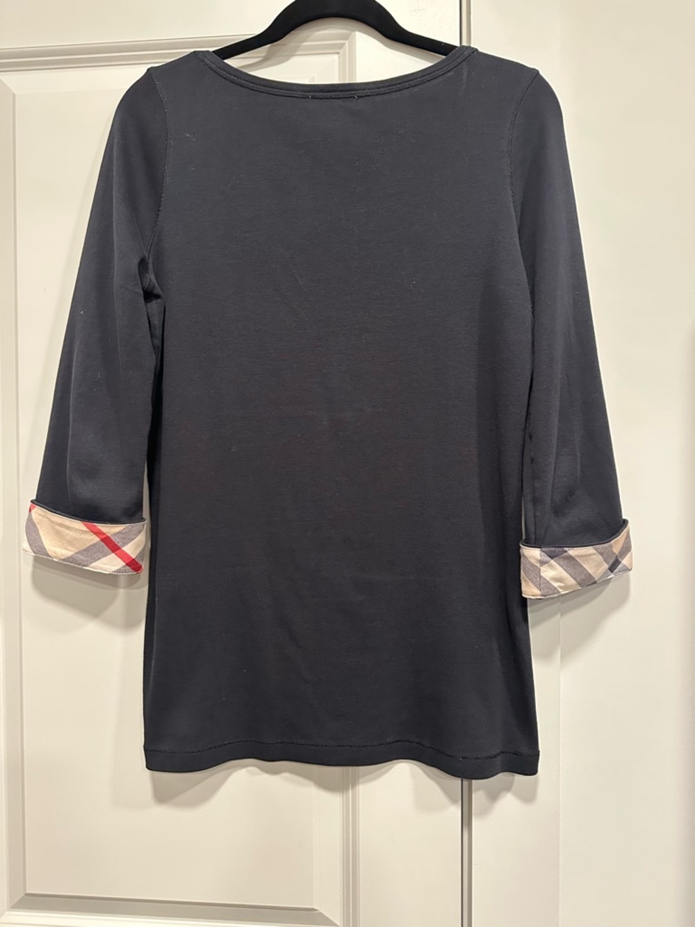 Burberry Brit Black 3/4 Sleeve Top Nova Check Cuffs Scoop Neck Stretch Tee XL - Picture 8 of 8